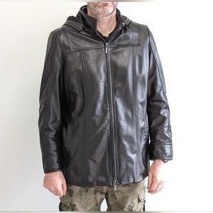 Classic Danier black leather coat mens jacket detachable liner + hood size L